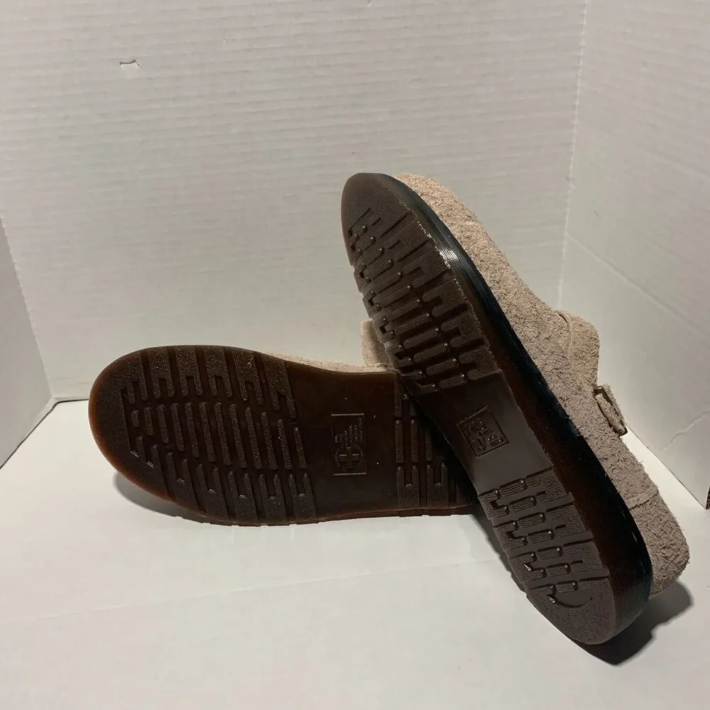 Dr Martens Isham Men's Sz 13 Taupe Long Napped Suede Buckle Fur Lined Clog